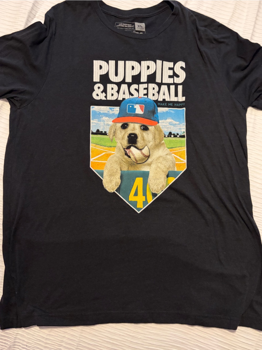 Puppies Make Me Happy Puppies & Baseball Graphic Tee - Black